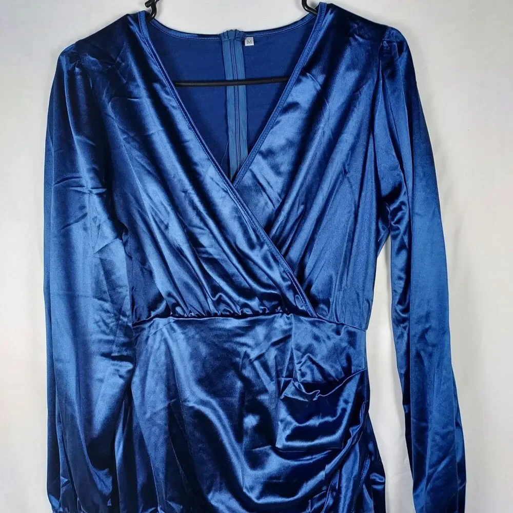 Yajedo Satin V-Neck Dress Size Medium Blue Party/Cocktail Long Sleeve New - Picture 3 of 7
